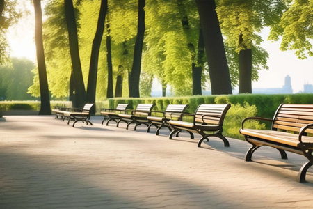 Alley with green trees and empty wooden benches in a city park.の素材