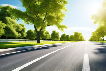 A straight gray asphalt road with white markings, next to green fields and trees, stretching into the distance.の素材