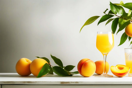 Ripe fruits of whole peaches, green leaves and a glass of fruit juice on a white table. Fresh harvest.の素材