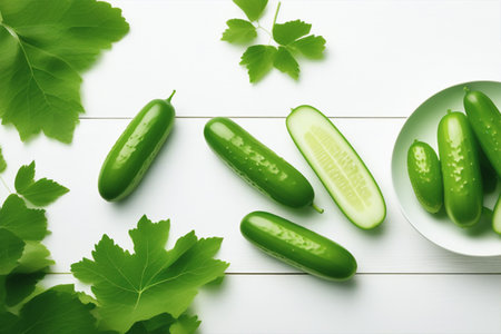 Fresh green cucumbers, leaves and slices lie on a white table and in a plate. Harvest of seasonal vegetables.の素材