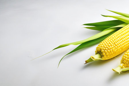 Ears of ripe yellow corn with green leaves and a scattering of grains on a white table. Fresh harvest.の素材