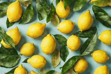 Bright yellow lemons on branches with green leaves on a blue background. Citrus fresh fruits.の素材