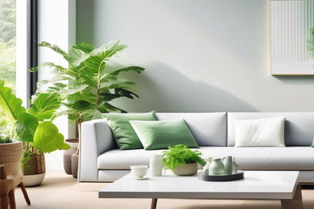 Minimalistic interior of a bright living room with a white sofa, coffee table and green indoor plants.の素材
