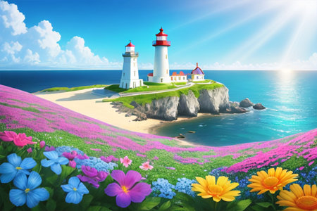 Lighthouse on an island surrounded by flowers. Island with rocks and flowers, on a sunny day.の素材