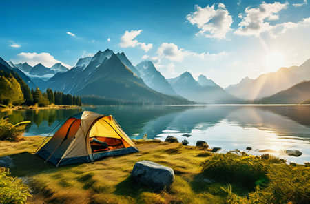 Tourist tent near a mountain lake on a sunny day. Camping. Tourism, hike concept.の素材