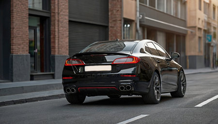 Black modern passenger car on the city street. Rear view.の素材