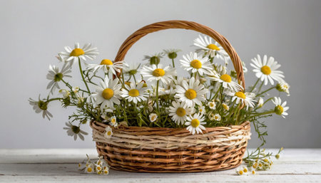 Delicate bouquet of beautiful chamomile flowers in a wicker basket on a white background. Summer white flowers.の素材