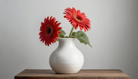 Red gerbera flowers in a vase stand on a table against a white wall. Free space for textの素材