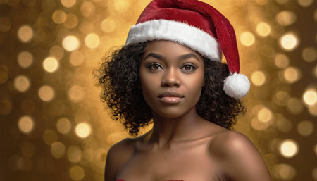 Portrait of pretty dark-skinned curly haired young woman wearing red Christmas hat against golden blurred lights background.の素材