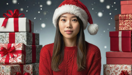 Young happy asian woman in christmas santa hat on background with gift boxes in white and red boxes.の素材