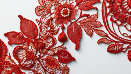 Red lace with floral patterns on a white background. Decorative elements of fabric.の素材