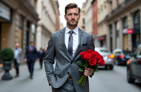 Caucasian man in gray business suit with bouquet of red roses walking along city street. Valentine's Day. Mother's Day. Wedding.の素材