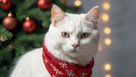 Black cat in a red scarf near a Christmas tree.の素材