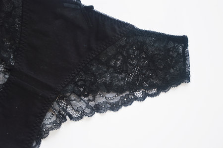 Women's underwear. Black cotton panties with lace on a white background. Beautiful women's...