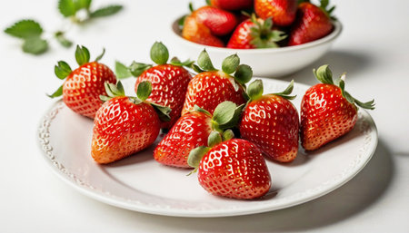 Red ripe strawberries in a white plate on a white table. Fresh harvest. Delicious dessert.の素材