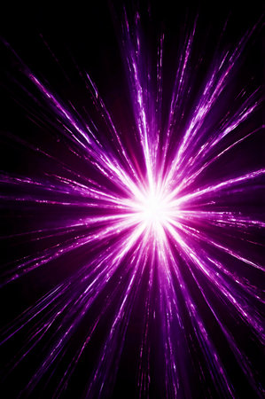 Bright rays of purple light diverge from the center on a black background. Transparent shining star, bright flash.の素材