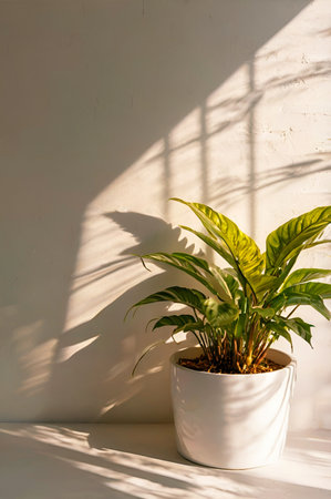 A decorative plant with green leaves in a large flowerpot stands against a white wall on a sunny day.の素材