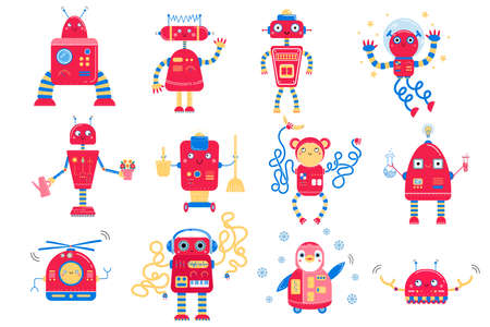 Color image of cute red cartoon robots. Monochrome vector set for kids. Isolated on white backgroundのイラスト素材