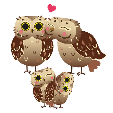 Cute cartoon owl family vector image. Male and female owls with their owlets. Forest animals for kids. Isolated on white background.のイラスト素材