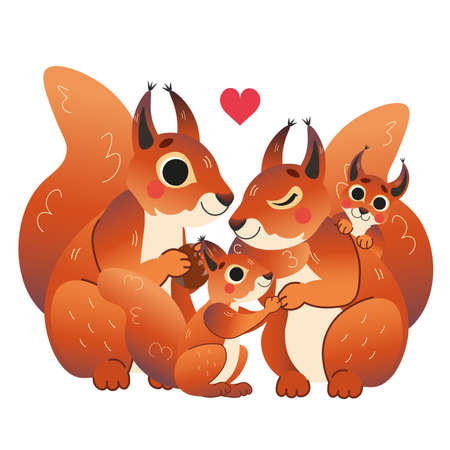 Cute cartoon squirrel family vector image. Male and female squirrels with their pups. Forest animals for kids. Isolated on white background.のイラスト素材