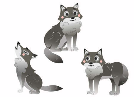 Cute cartoon grey wolfs vector set. Wolfs in different postures.  Sitting, howling, standing wolf....