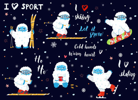Cute snow yeti winter activities and sport with lettering calligraphy quotes vector set. Happy cartoon yeti skiing, skating, snowboarding, with cup of coffee or tea. Winter holidays.のイラスト素材