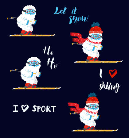 Cute and funny snow yeti skiing vector set. I love sport and skiing. Happy cartoon yeti with red winter hat and scarf. Winter holidays and activities.のイラスト素材