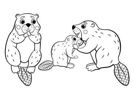 Cute cartoon wild beaver family vector coloring page outline. Male and female beaver with their little beaver. Coloring book of forest animals and rodents for kids. Isolated on white background.のイラスト素材