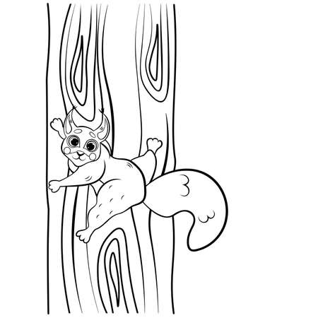 Cute cartoon squirrel climbing the tree vector coloring page outline. Coloring book of forest animals for kids. Isolated on white background.のイラスト素材