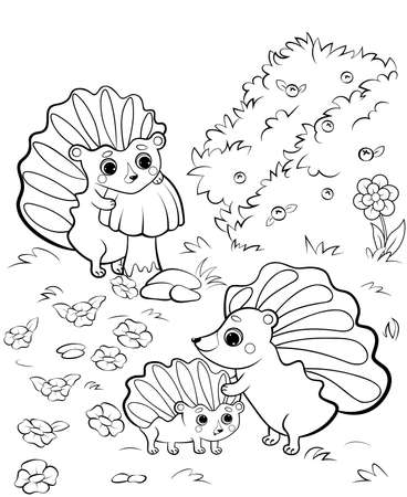 Cute cartoon hedgehog family vector coloring page outline. Vector image with nature background. Coloring book of forest wild animals for kids.のイラスト素材