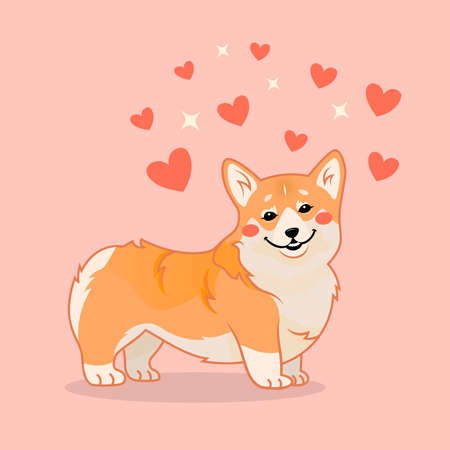 Cute smiling corgi dog with hearts vector cartoon illustration. Kawai corgi puppy print. Isolated on pink background.のイラスト素材