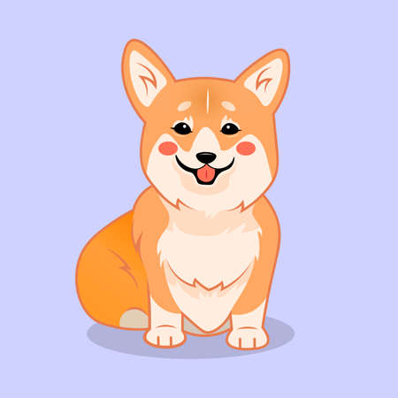 Cute sitting smiling corgi dog vector cartoon illustration. Kawai corgi puppy print. Isolated on lilac background.のイラスト素材