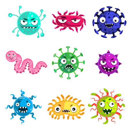 Cartoon set of virus, bacteria, microbe and parasite infection. Funny illness emoticon characters vector illustration isolated on white background.のイラスト素材