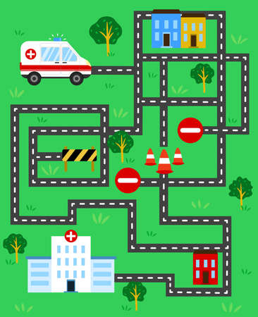 Help the ambulance find the way to the hospital. Color maze or labyrinth game for preschool children. Puzzle. Tangled road for kids.のイラスト素材
