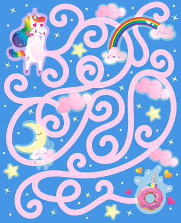 Help the rainbow unicorn find the way to the yummy donut. Color maze or labyrinth game for preschool kids. Puzzle. Tangled road. のイラスト素材