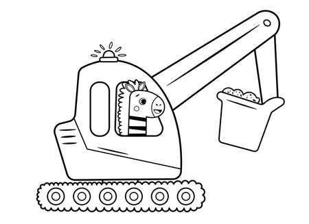 Coloring page outline of cartoon excavator with animal. Vector image on white background. Coloring book of transport for kids.のイラスト素材