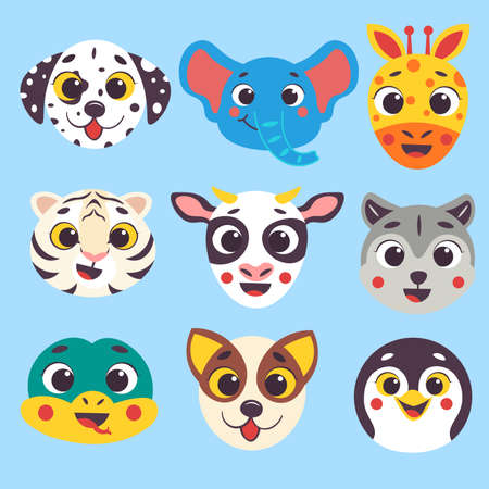 Cute cartoon animals faces set part 3. Isolated vector illustration. Dalmatian dog, elephant, giraffe, white tiger, cow, wolf, snake, dog, penguin heads nursery decor.のイラスト素材