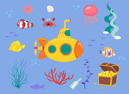 Funny kids underwater set. Submarine cartoon vector illustration isolated on blue backgroundのイラスト素材