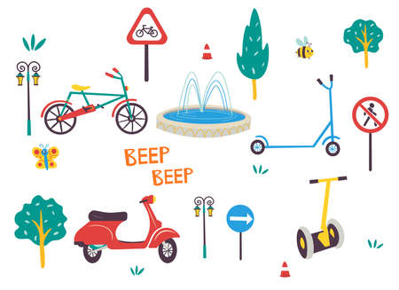 Funny kids transport set with road signs. Bicycle, motorbike, scooter, self-balancing scooter cartoon vector illustration isolated on white backgroundのイラスト素材