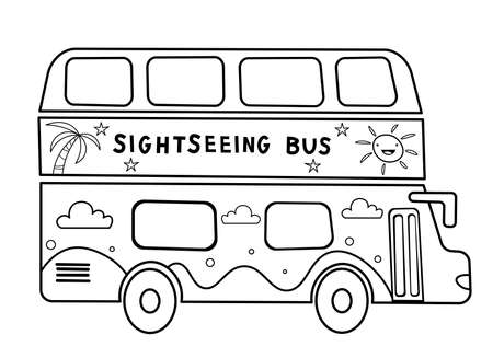 Coloring page outline of cartoon double decker sightseeing bus. Vector black and white image on white background. Coloring book of transport for kids.のイラスト素材