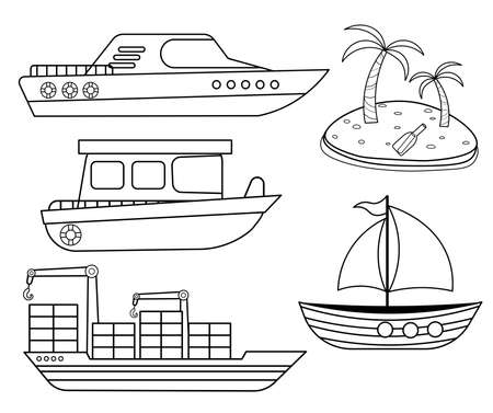 Funny coloring kids water transport set. Boat, yacht, sailboat, motorboat, container ship and desert island cartoon black and white vector illustration isolated on white backgroundのイラスト素材