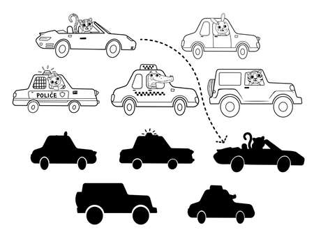 Coloring outline puzzle page for preschool kids. Find the correct shadow game. Matching. Transport for children. Black and whiteのイラスト素材
