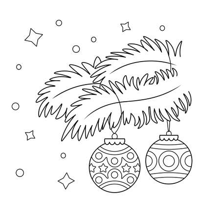 Coloring page of a Christmas tree decorations and ornaments. Fir tree branches. Coloring book for kids.のイラスト素材