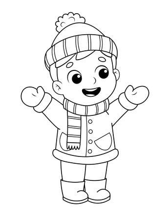 Coloring page of a cute cartoon kid in winter clothes. Coloring book for kids.のイラスト素材