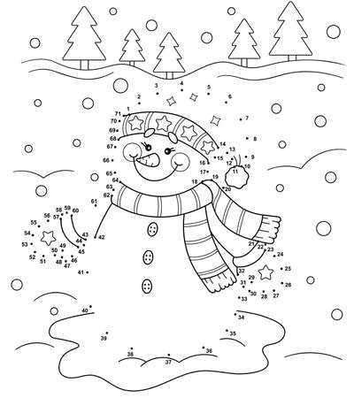 Winter Dot to Dot and color Christmas snowman for kids. Vector black and white illustration with snow background.のイラスト素材