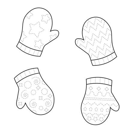 Trace and color winter mittens collection. Handwriting practice for kids isolated on white background.のイラスト素材