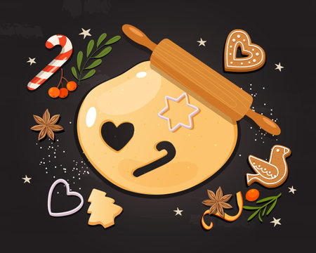 Christmas cooking illustration with ingredients and gingerbreadのイラスト素材