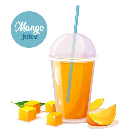 Mango juice with fresh fruit slices and cubesのイラスト素材