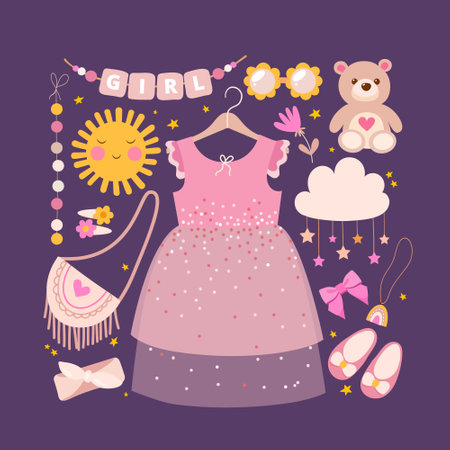 Babies items icon set with cute clothes, toys, and different accessoryのイラスト素材