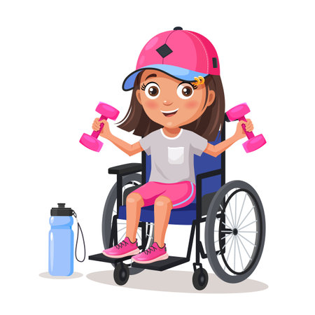 Cute cartoon girl character on wheelchair doing physical exercises.のイラスト素材
